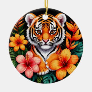 Tiger Surrounded by Tropical Flowers Ceramic Tree Decoration