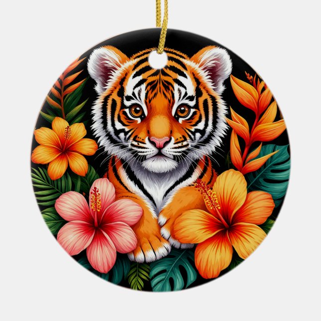 Tiger Surrounded by Tropical Flowers Ceramic Tree Decoration (Front)