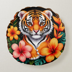 Tiger Surrounded by Tropical Flowers Round Cushion