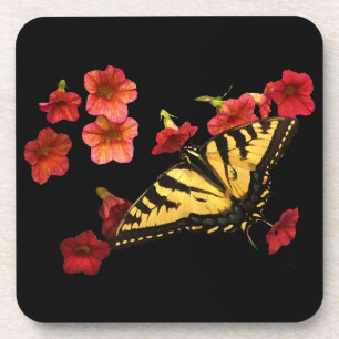 Tiger Swallowtail Butterfly on Red Flowers Coaster