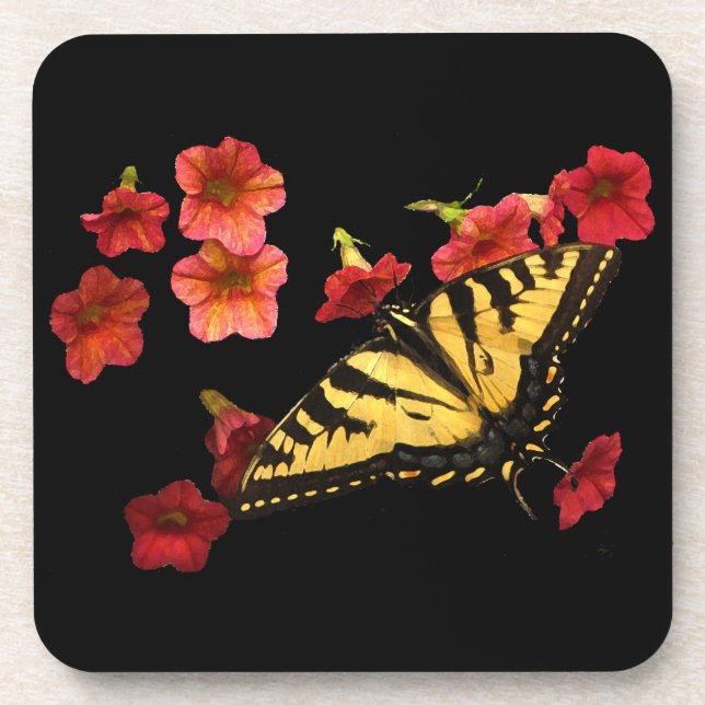 Tiger Swallowtail Butterfly on Red Flowers Coaster (Front)
