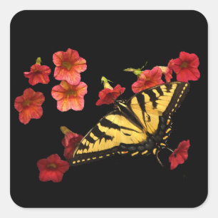Tiger Swallowtail Butterfly on Red Flowers Square Sticker