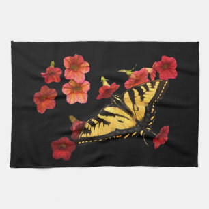 Tiger Swallowtail Butterfly on Red Flowers Tea Towel
