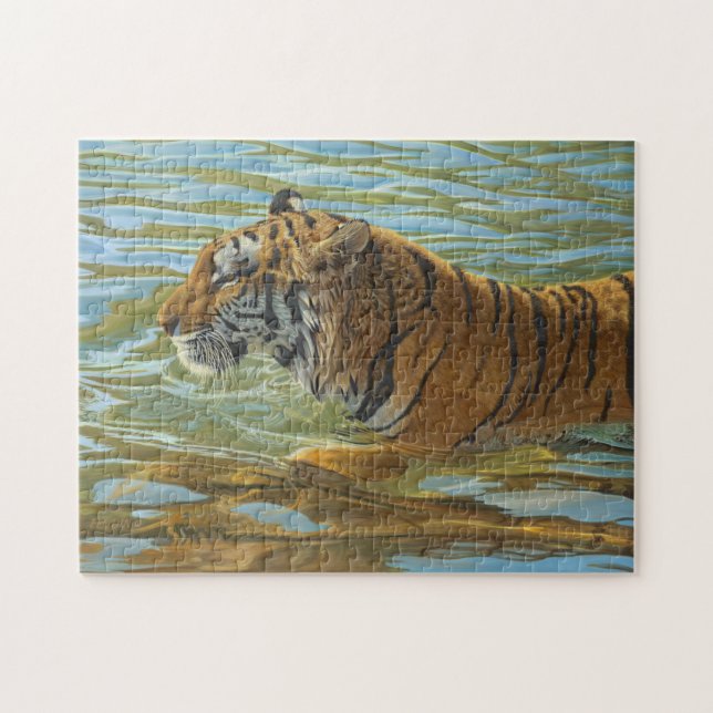 Tiger Swimming Big Cat Acrylic Painting Jigsaw Puzzle (Horizontal)