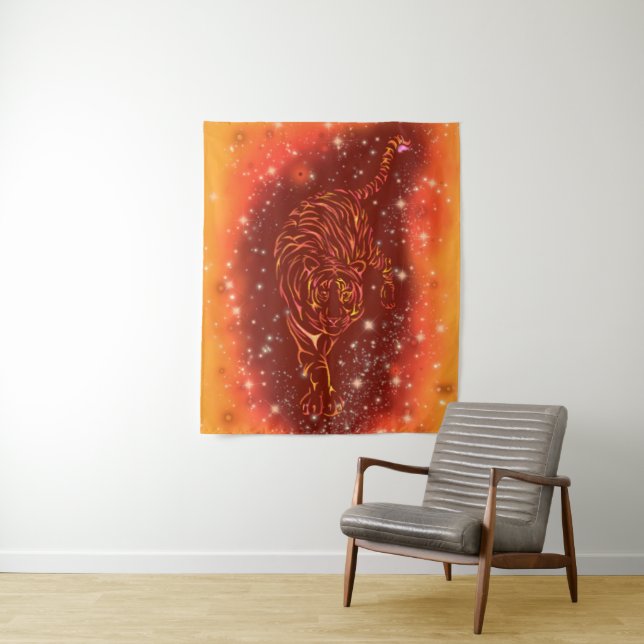 Tiger Tapestry Running In Red Starry Night (In Situ)