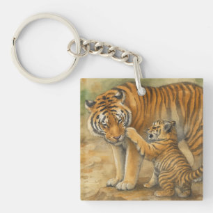 Tiger Tenderness - Parent and Cub in Forest Key Ring