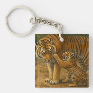 Tiger Tenderness - Parent and Cub in Forest Key Ring