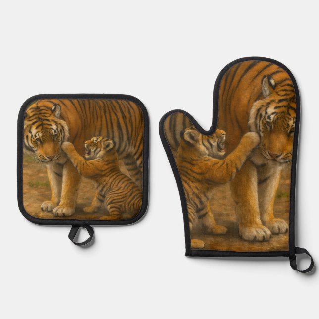 Tiger Tenderness - Parent and Cub in Forest Oven Mitt & Pot Holder Set (Front)