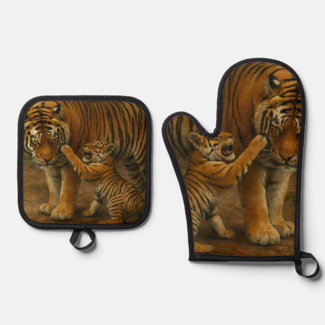 Tiger Tenderness - Parent and Cub in Forest Oven Mitt & Pot Holder Set (Front)