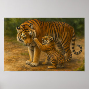 Tiger Tenderness - Parent and Cub in Forest Poster