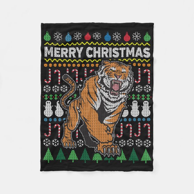 Tiger Ugly Christmas Sweater Wildlife Series Fleece Blanket (Front)