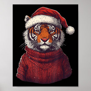 Tiger Ugly Sweater Santa Hat Christmas  Poster