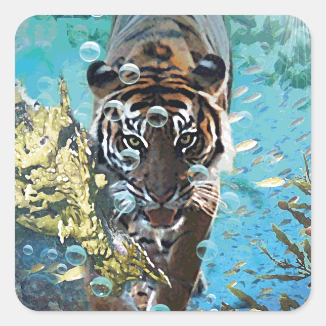 Tiger under water fantasy animal nature square sticker (Front)