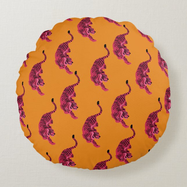 Tiger - Vibrant Pink Round Cushion (Front)