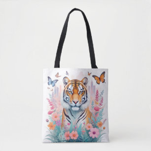 Tiger Vintage Animal Nature Forest Jungle Flowers Tote Bag