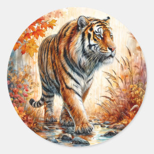 Tiger Walking In Autumn Art Classic Round Sticker