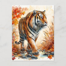 Tiger Walking In Autumn Watercolor