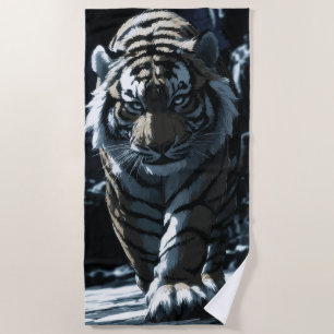 Tiger Walking in Snow Dark Wildlife Illustration Beach Towel