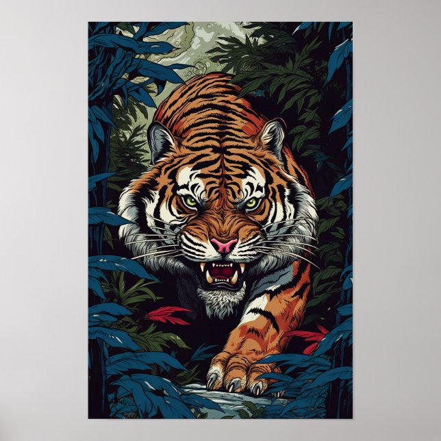 Tiger Wall Poster, Japanese Art Style Illustration Poster (Front)