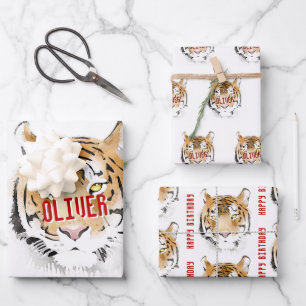 Tiger Watercolor Animal Happy Birthday  Wrapping Paper Sheet