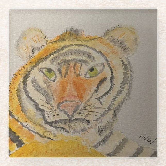 Tiger Watercolor Glass Coaster (Front)