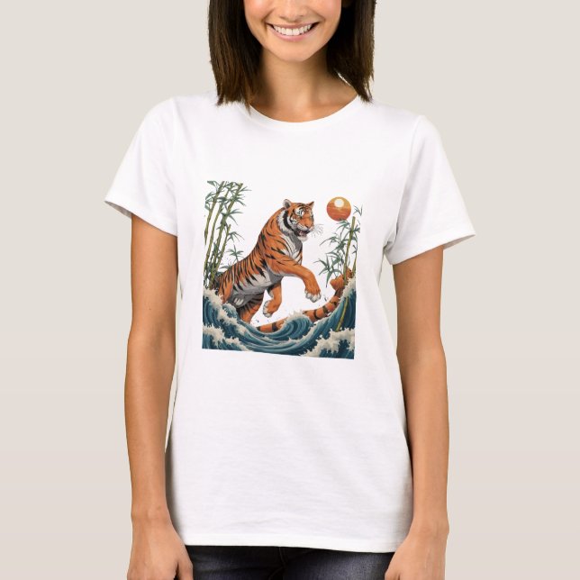 Tiger Wave Art - Ukiyo-e Bamboo Sunset Design T-Shirt (Front)