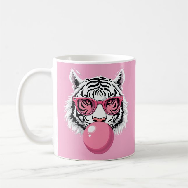 Tiger Wearing Glasses and Blowing Pink Bubble Gum Coffee Mug (Left)