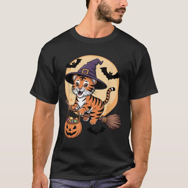 Tiger Witch Hat Pumpkin Halloween Costume Men Wome T-Shirt (Front)