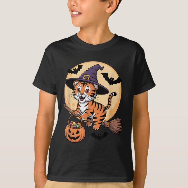 Tiger Witch Hat Pumpkin Halloween Costume Men Wome T-Shirt (Front)