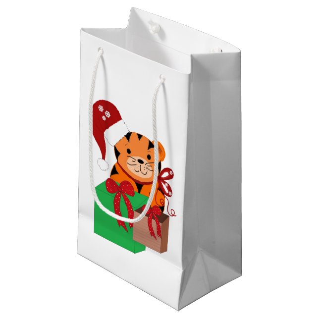 Tiger with a Santa Hat Small Gift Bag (Front Angled)