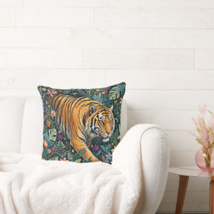 Tiger with Amber Eyes Fantasy Jungle Foliage Cushion