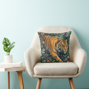 Tiger with Amber Eyes Fantasy Jungle Foliage Cushion