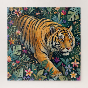Tiger with Amber Eyes Fantasy Jungle Foliage Jigsaw Puzzle