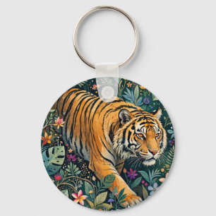 Tiger with Amber Eyes Fantasy Jungle Foliage Key Ring