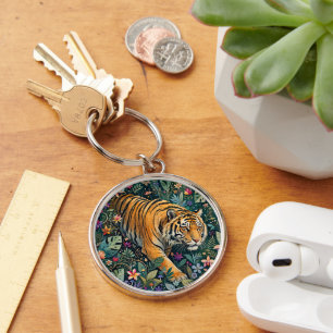 Tiger with Amber Eyes Fantasy Jungle Foliage Key Ring