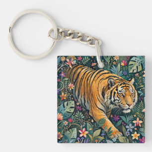 Tiger with Amber Eyes Fantasy Jungle Foliage Key Ring