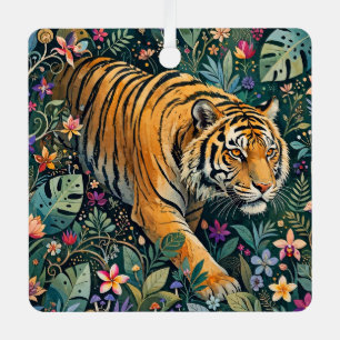 Tiger with Amber Eyes Fantasy Jungle Foliage Metal Tree Decoration