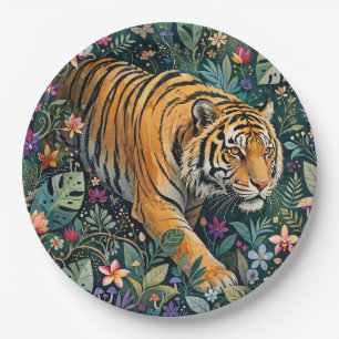 Tiger with Amber Eyes Fantasy Jungle Foliage Paper Plate