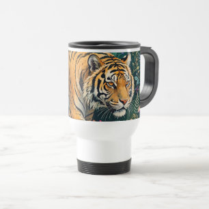 Tiger with Amber Eyes Fantasy Jungle Foliage Travel Mug