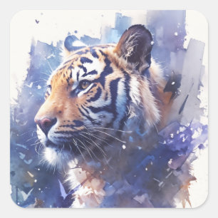 Tiger with Artistic Purple and Blue Paint Splash Square Sticker