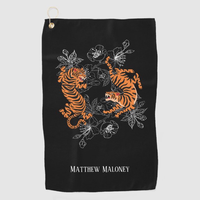 Tiger With Cherry Blossom Golf Your Name   Golf Towel (Front)