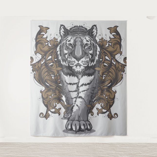 Tiger with Floral Art Deco Extra-Large Tapestry (Front)