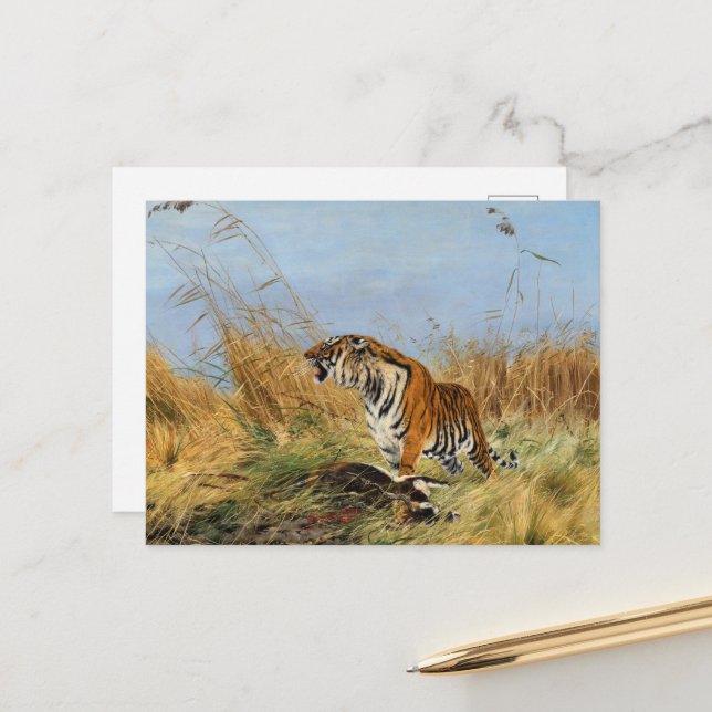 Tiger with killed Waterbuck by Richard Friese Postcard (Front/Back In Situ)