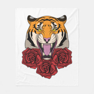 Tiger with Roses Fleece Blanket