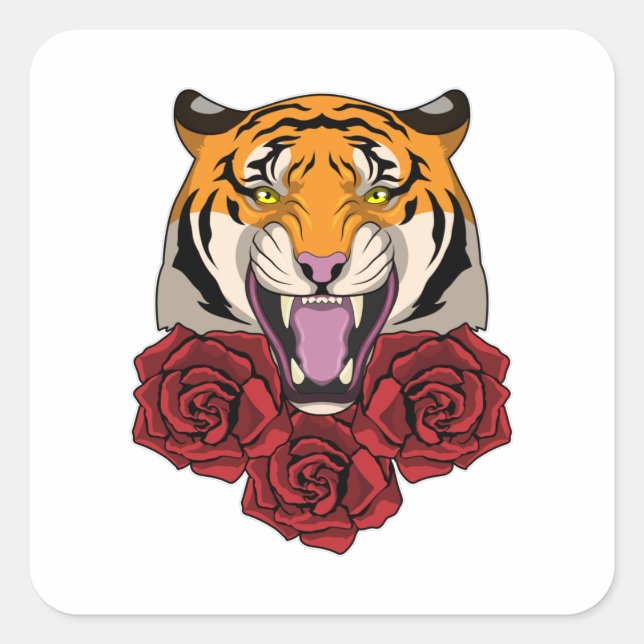 Tiger with Roses Square Sticker (Front)