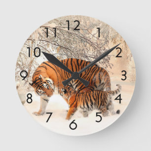 Tiger With Tiger Cub In Snow Clock