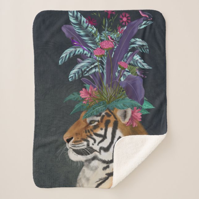 Tiger with Tropical Headpiece Sherpa Blanket (Front)