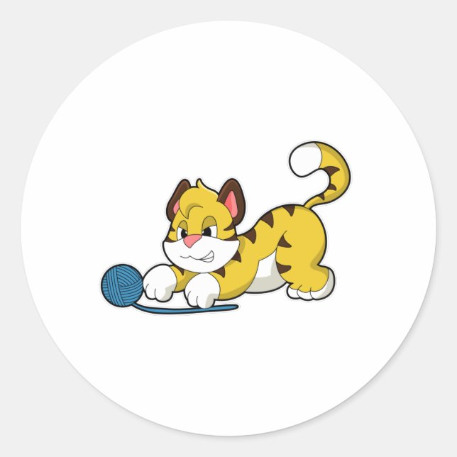Tiger with Woll yarn ball Classic Round Sticker (Front)
