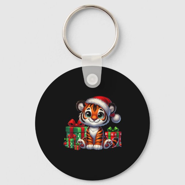 Tiger Xmas Lighting Santa Hat Tiger Christmas  Key Ring (Front)
