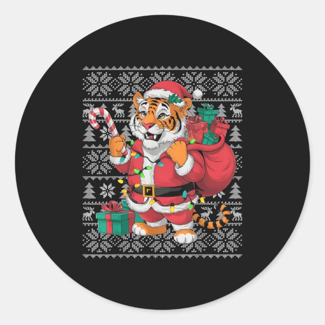 Tiger Xmas Sweater Style Ugly Santa Bengal Tiger C Classic Round Sticker (Front)